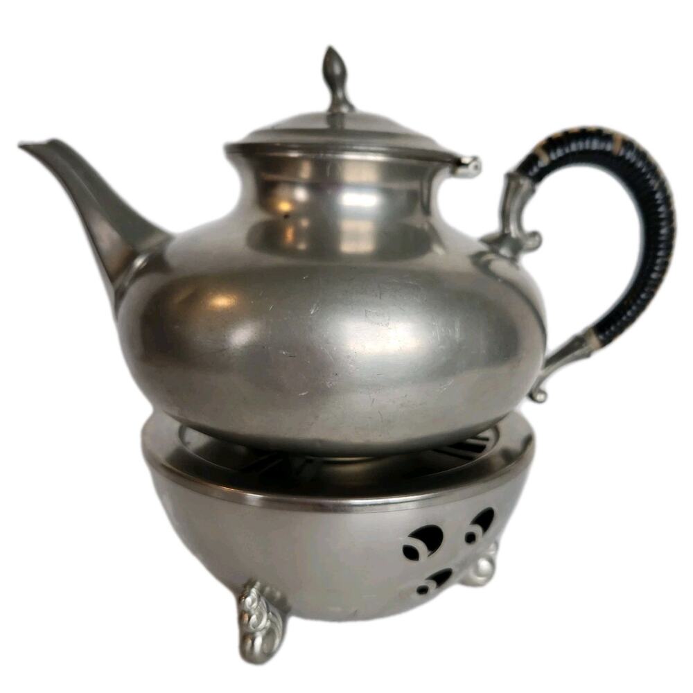 Vtg Danish Modern MCM Tea Kettle Teapot Stand w Warmer Royal Holland Pewter